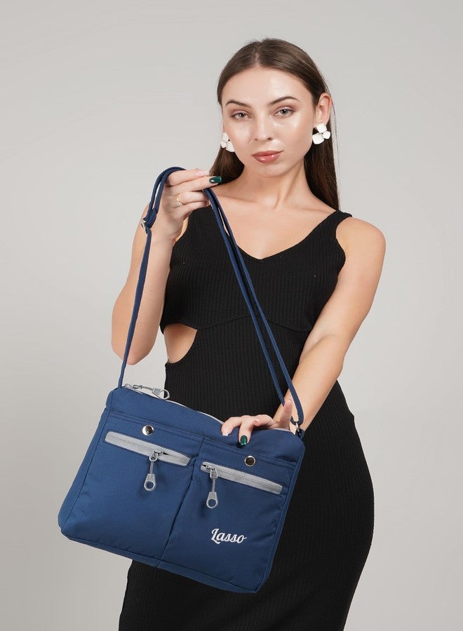 لاسو حقيبة كتف نسائية من لاسو® بحزام قابل للتعديل، أحدث حقيبة كتف أنيقة من البوليستر مناسبة للعمل، والاستخدام اليومي، والسفر، والجامعة | سعة 7 لترات وجيبان أماميان مزدوجان - أزرق ورمادي - Image 2